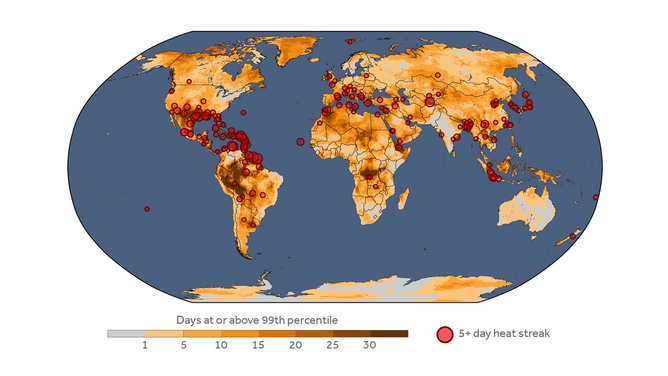 Number of days with locally extreme temperatures. The circles indicate cities with at least one 5+ day streak of extreme temperatures that is attributable (CSI>=2). The size of the circles reflects the length of the longest heat streak.