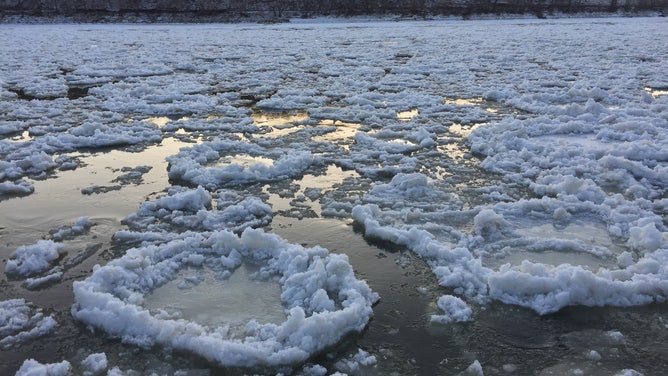 Pancake ice flowing on the surface of the Missouri River near Eagle Bluff Conservation Area on February 13, 2021.