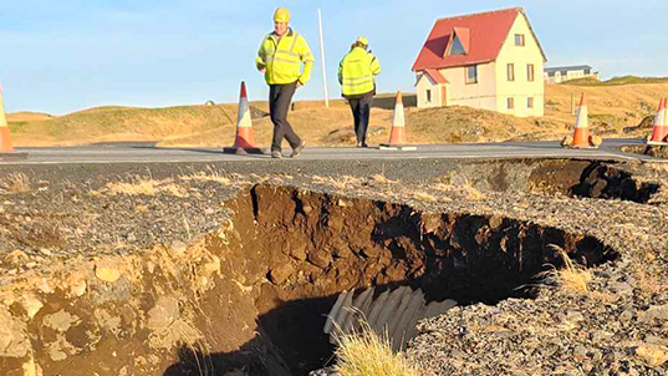 The Icelandic Road and Coastal Administration shared this photo of a road outside of Grindavik that was severely damaged and impassable due to thousands of earthquakes which officials say shows a