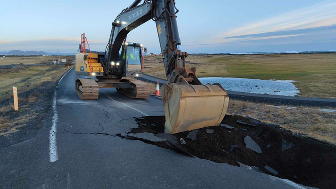 Repair work is underway after large cracks formed across roads near Grindavik, Iceland.