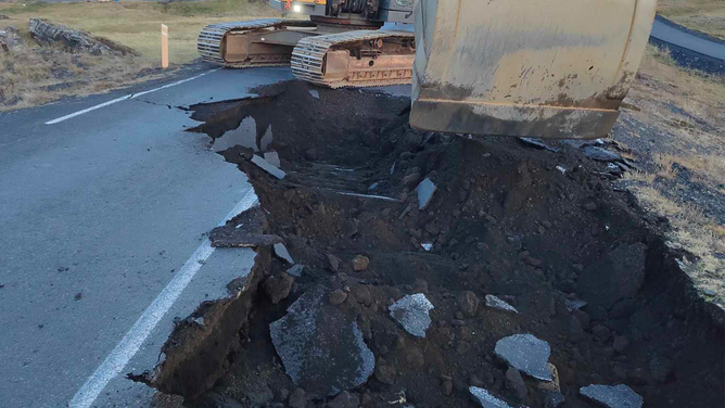 Crews have been trying to repair roads that were damaged when cracks formed amid earthquakes near Grindavik, Iceland.