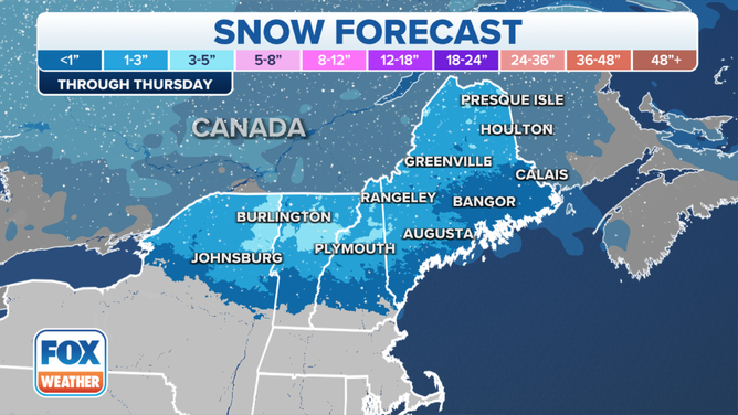 The forecast snow totals in the Northeast and New England through Thursday, Nov. 9, 2023.
