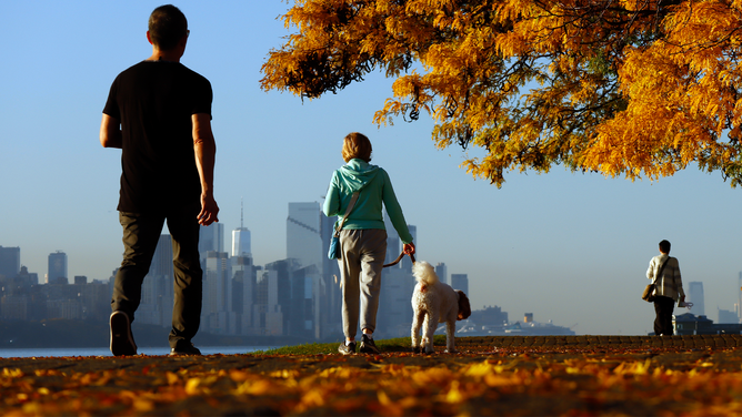 EDGEWATER, NJ - OCTOBER 28: People walk along a walkway covered in fall foliage in front of Hudson Yards and One World Trade Center in New York City as the sun rises on October 28, 2023, in Edgewater, New Jersey. (Photo by Gary Hershorn/Getty Images)