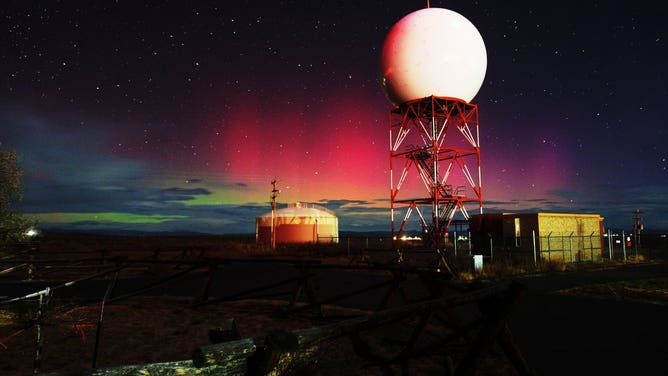 The Northern Lights dancing above the Riverton, Wyoming National Weather Service office on Sunday, Nov. 5, 2023.