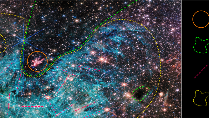 Approximate outlines help to define the features in the Sagittarius C (Sgr C) region. Astronomers are studying data from NASA’s James Webb Space Telescope to understand the relationship between these features, as well as other influences in the chaotic galaxy center. 