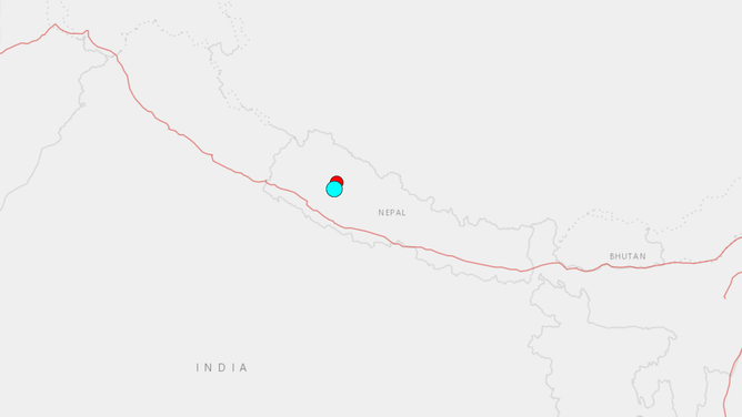 Map showing location of earthquake and aftershock in Nepal. Nov. 3, 2023.