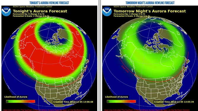 Aurora forecast for Sunday and Monday night in the U.S. and Canada.