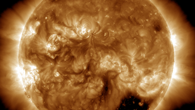 A solar coronal hole in April 2014 seen in the southern hemisphere of the Sun. 