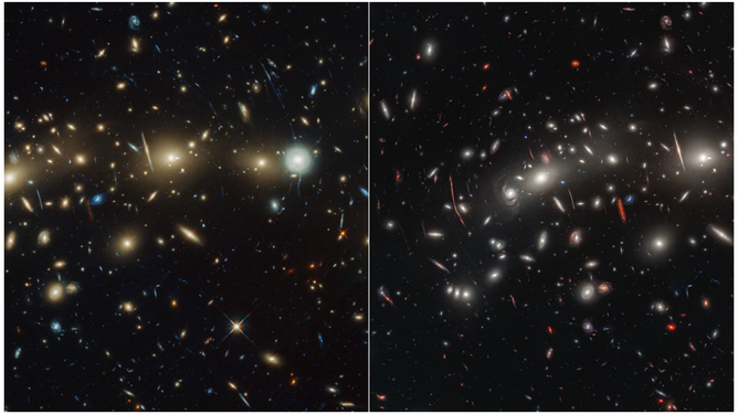 This side-by-side comparison of galaxy cluster MACS0416 as seen by the Hubble Space Telescope in optical light (left) and the James Webb Space Telescope in infrared light (right).