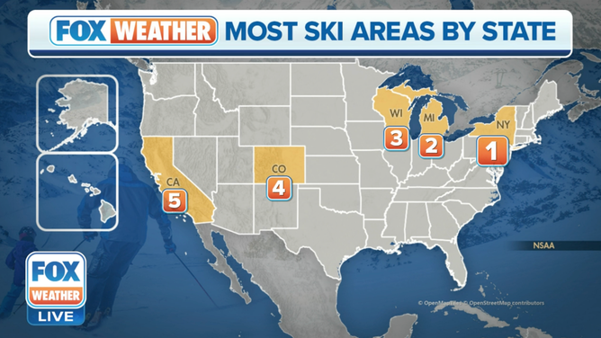 Map highlighting the five states with the most ski areas.