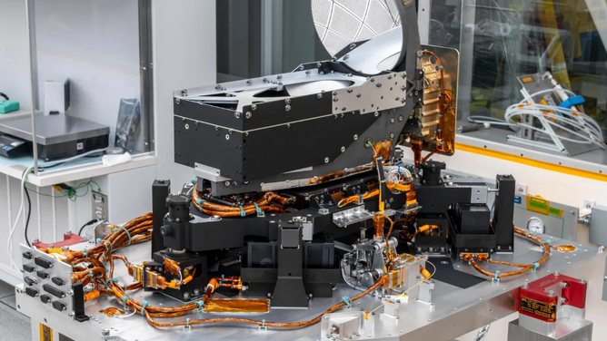 The Deep Space Optical Communications (DSOC) technology demonstration’s flight laser transceiver is shown at NASA’s Jet Propulsion Laboratory in Southern California in April 2021, before being installed inside its box-like enclosure that was later integrated with NASA’s Psyche spacecraft. NASA/JPL-Caltech