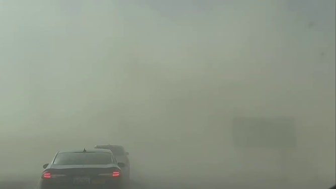 Video filmed by Ada Monzon shows hazy conditions on the road as dust towering over cars blows across the freeway.