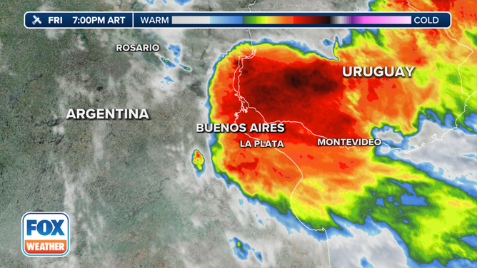 A storm system that exploded near Buenos Aires, Argentina, is seen in this satellite image taken Nov. 10, 2023.