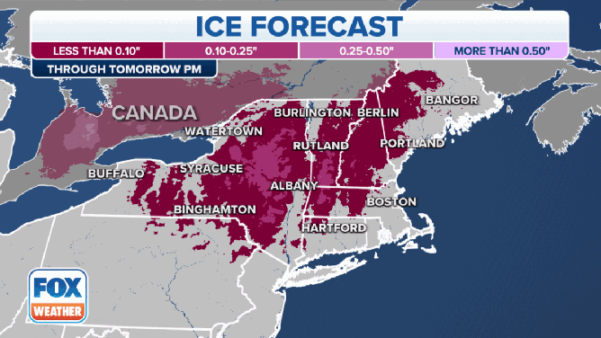 The ice threat and forecast ice totals in the Northeast.