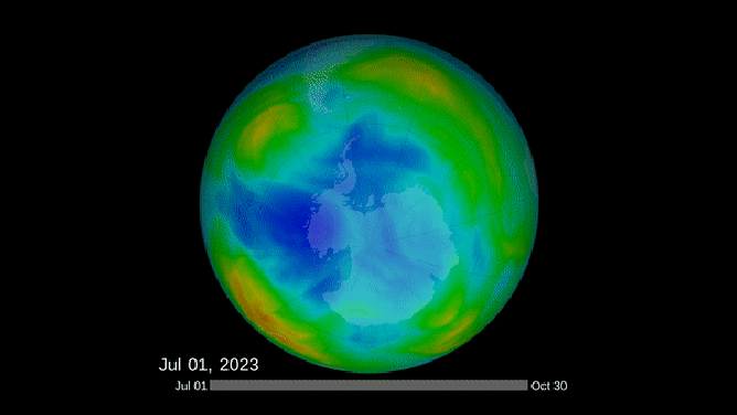 Daily progression of the ozone hole from July 1 to Oct. 30, 2023.