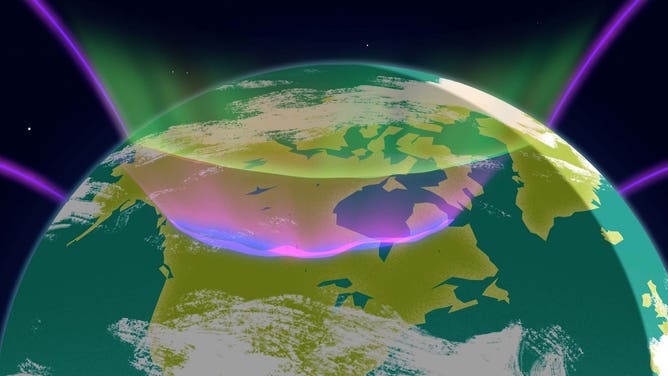 A rendering of STEVE (shown in purple) and aurora over North America