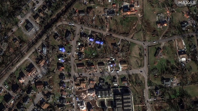 After a tornado hit Madison, Tennessee, satellite images show homes and buildings damaged or destroyed.