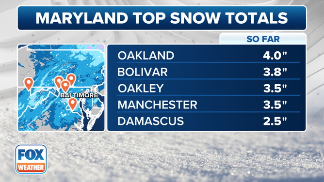 The top snow totals in Maryland on Monday, Dec. 11, 2023.