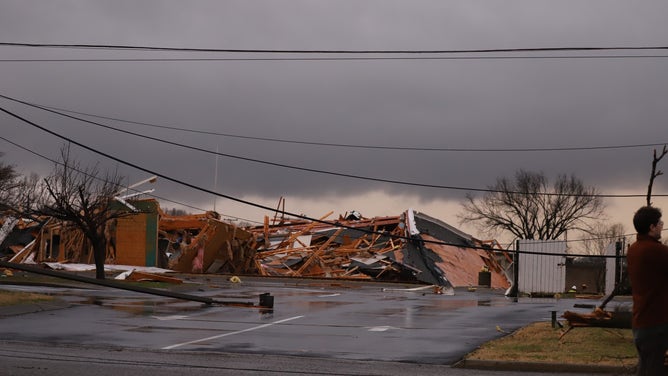 A destroyed building is seen in Tennessee after a deadly tornado outbreak on Saturday, Dec. 9, 2023.