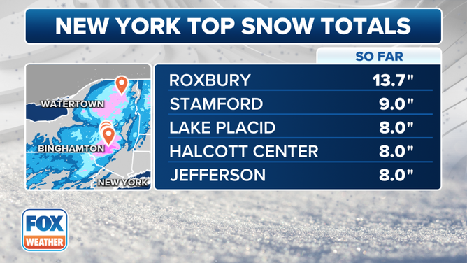 The top snow totals in New York on Monday, Dec. 11, 2023.