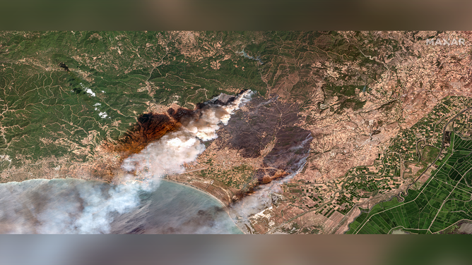 A satellite image showing wildfires in Alexandroupolis, Greece.