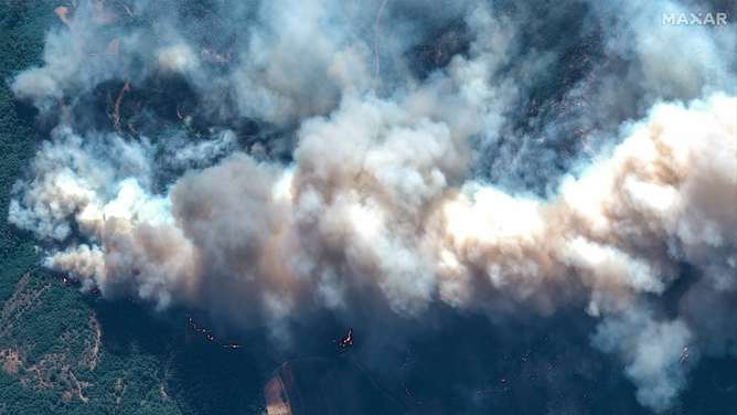 A satellite photo showing thick smoke from a wildfire in Alexandroupolis, Greece.