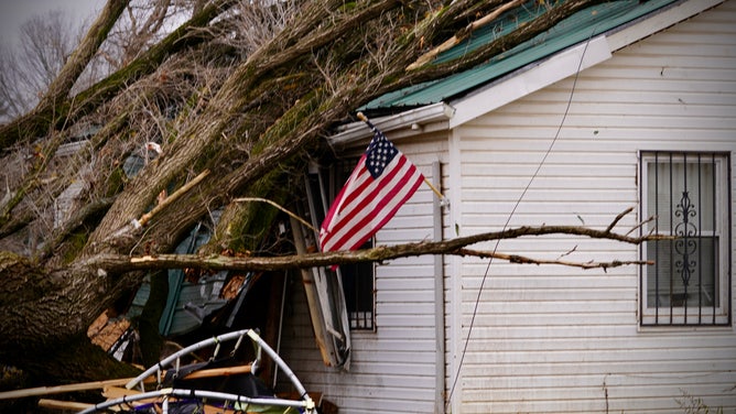 Damage to a home in Clarksville, Tennessee after a long-track tornado ripped through the community on Saturday Dec. 9, 2023.