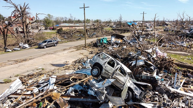 Aerial view of a destroyed neighborhood in Rolling Fork, Mississippi, after a tornado touched down in the area March 27, 2023.