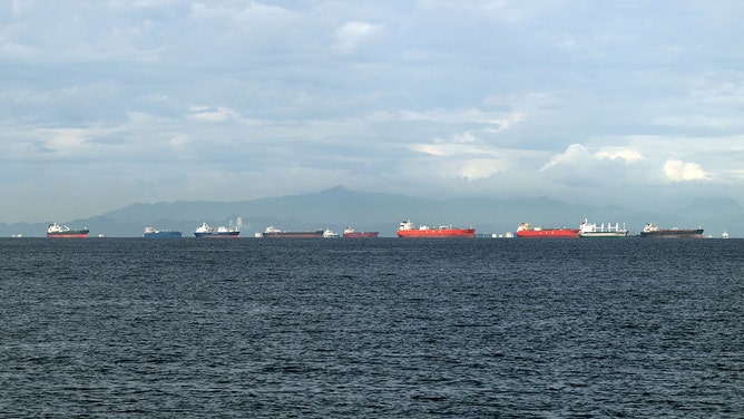 Cargo ships wait at the entrance of the Panama Canal at Panama Bay off Panama City, on September 24, 2023.