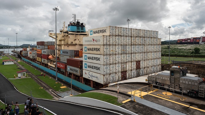 A container ship navigates through the Miraflores locks of the Panama Canal near Panama City, Panama, on Friday, Nov. 3, 2023.