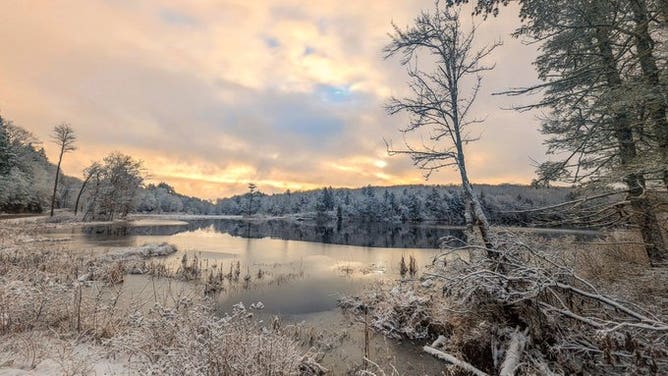 A snowy scene in Gilmanton, New Hampshire on Monday morning. 