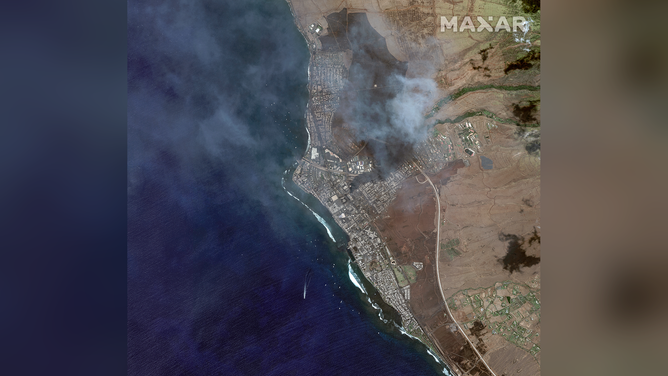A satellite image showing wildfires in Lahaina, Hawaii.