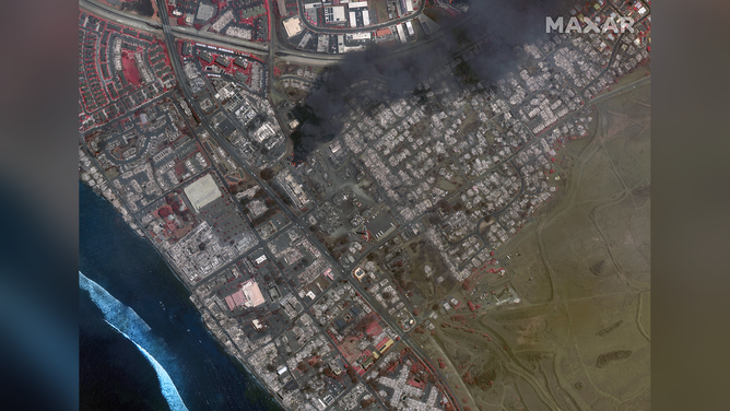 A satellite image showing wildfires in Lahaina, Hawaii.