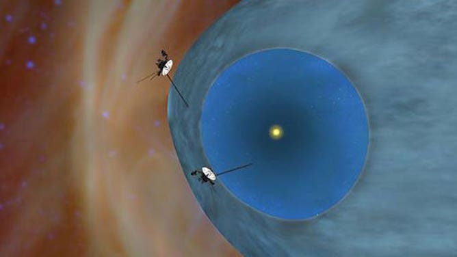 A artist's concept showing the general locations of Voyager 1 (object in brownish-orange region) and Voyager 2 (object in gray-blue region).