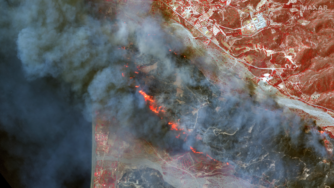 A satellite image showing wildfires on the Greek island of Rhodes.