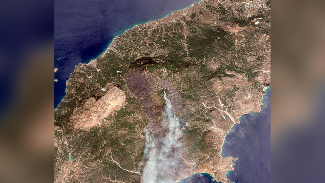 A satellite image showing wildfires on the Greek island of Rhodes.