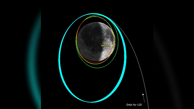 JAXA's SLIM lunar lander orbit. The light blue line is the current orbit. Green, yellow and red lines shows future orbits closer to the Jan. 20, 2024 landing. 