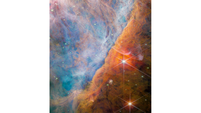 This image taken by Webb’s NIRCam (Near-Infrared Camera) shows a part of the Orion Nebula known as the Orion Bar.