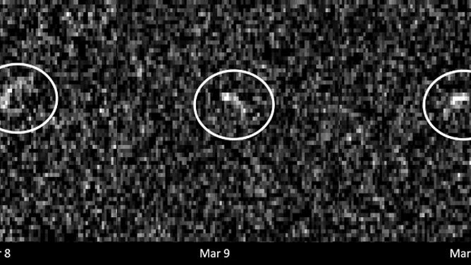 These images of asteroid Apophis were recorded in March 2021 by radio antennas at the Deep Space Network’s Goldstone complex in California and the Green Bank Telescope in West Virginia. The asteroid was 10.6 million miles away, and each pixel has a resolution of 127 feet.