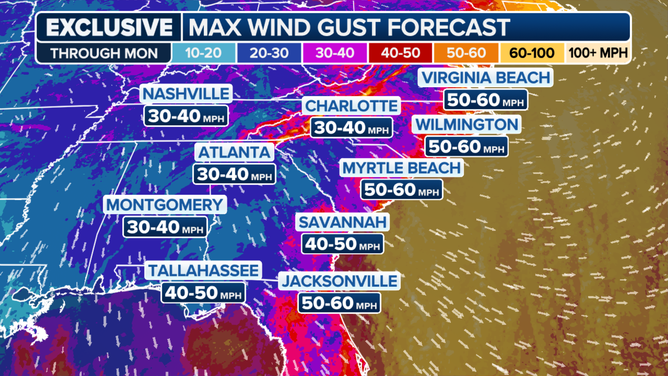 Southeast Wind Gust Swath Forecast