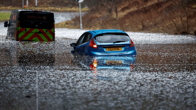 Flooding in Scotland and storm damage in Manchester, England caused by Storm Gerrit. 
