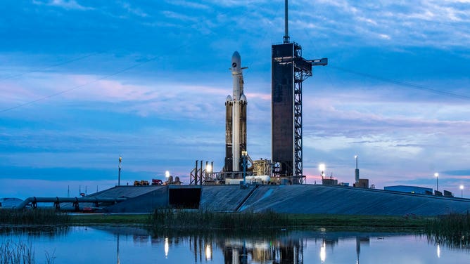 A SpaceX Falcon Heavy rocket with the USSF-52 mission ready to launch from Kennedy Space Center launchpad 39A on Dec. 28, 2023.