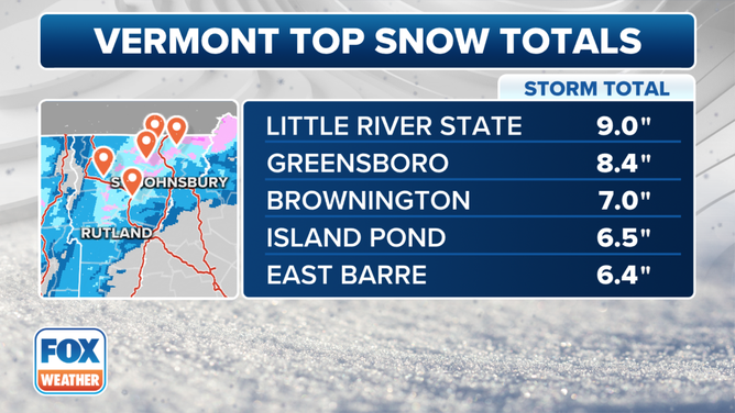 The top snow totals in Vermont on Monday, Dec. 11, 2023.
