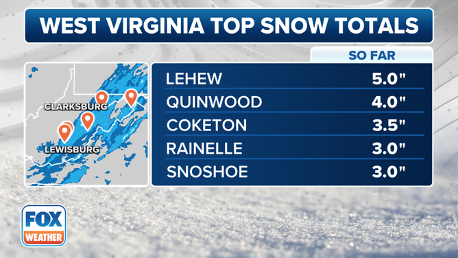 The top snow totals in West Virginia on Monday, Dec. 11, 2023.