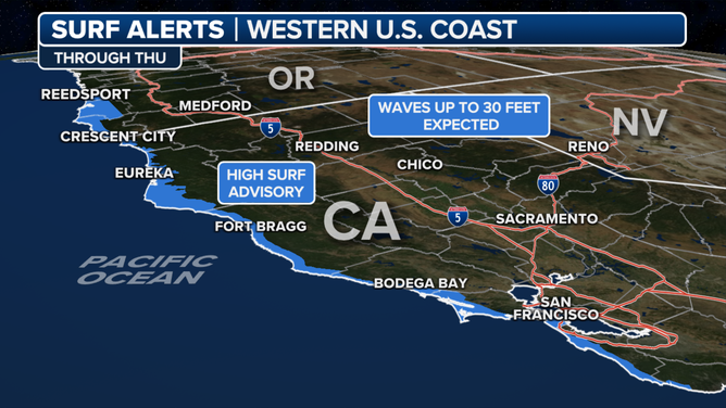 California and Oregon High Surf alerts through Thursday.