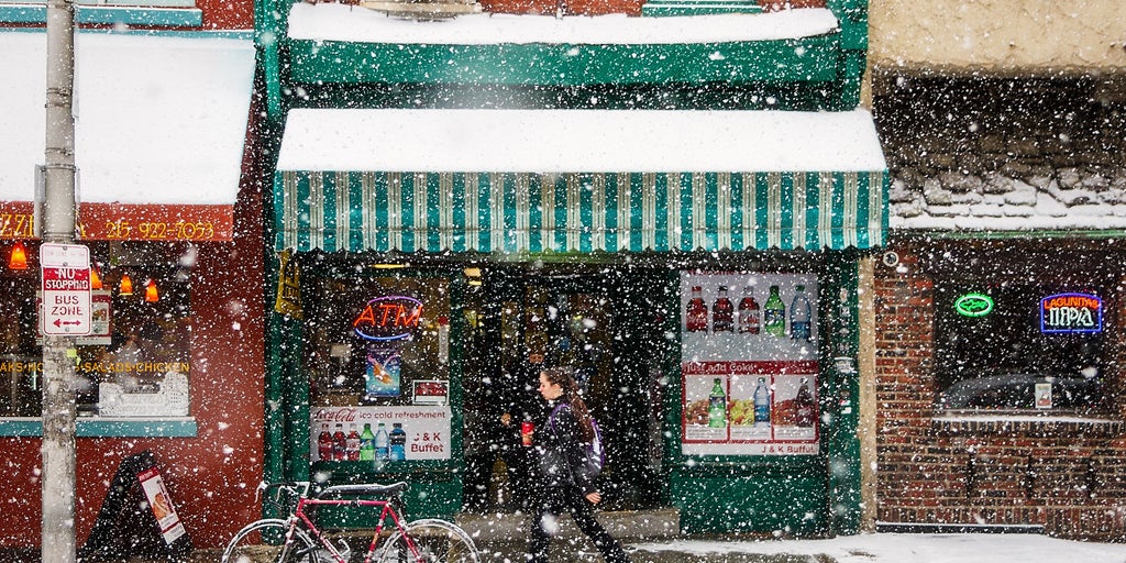 Lines of snow are expected to end in New York City and Philadelphia on Tuesday