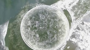Watch: Drone video shows off ice disc spinning in partially frozen river