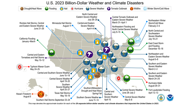 A map showing billion-dollar weather and climate disasters in the U.S. in 2023.