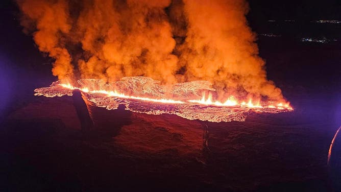 A photo showing the eruption of a volcano outside the town of Grindavik in Iceland on Sunday, Jan. 14, 2024.