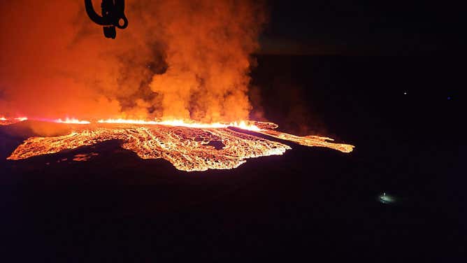 A photo showing the eruption of a volcano outside the town of Grindavik in Iceland on Sunday, Jan. 14, 2024.